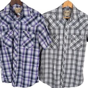 Lot of 2 Wrangler Western Shirts Mens Medium Short Sleeve Pearl Snap Plaid Multi